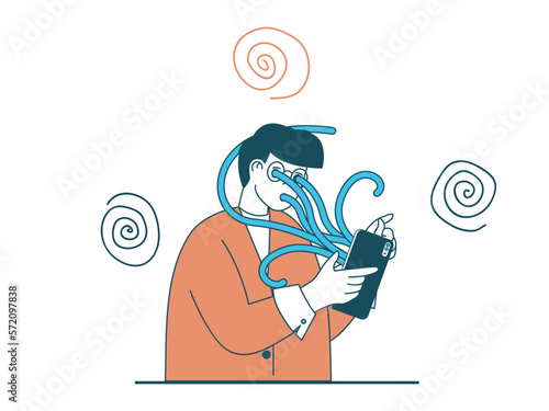 Internet addiction concept with character situation. Man obsessing over networking and swallowed by smartphone screen with tentacles. Vector illustration with people scene in flat design for web