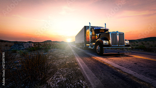 American style truck on freeway pulling load. Transportation theme. 3D illustration