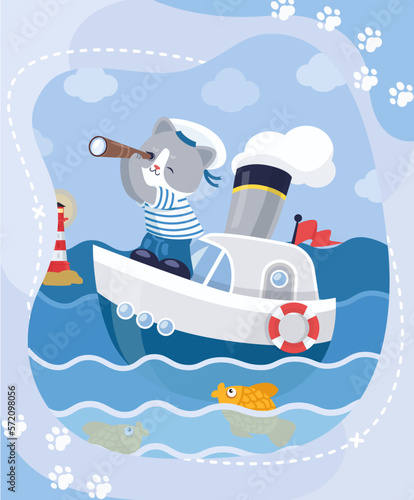 Children illustration of a cat on ship in sea