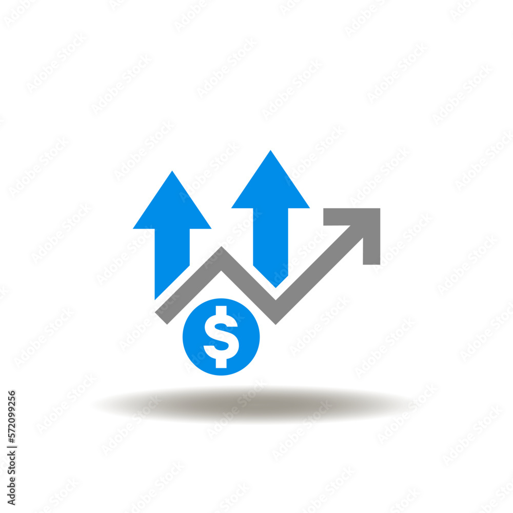 Vector illustration of chart growth and dollar currency and arrows up. Symbol of increase revenue. Vector illustration of chart growth and dollar currency and arrows up. Symbol of increase revenue.