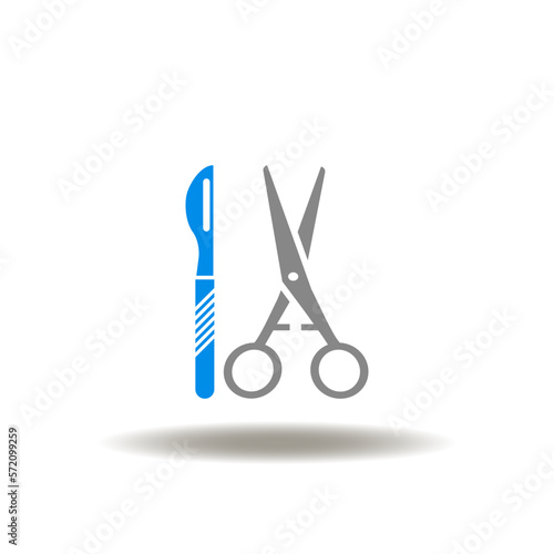 Vector illustration of scalpel and scissors. Icon of surgery operation. Symbol of surgeon equipment.