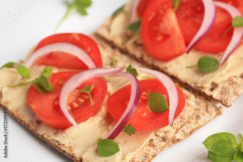 Fresh crunchy crispbreads with pate, tomatoes, red onion and greens on white plate, closeup