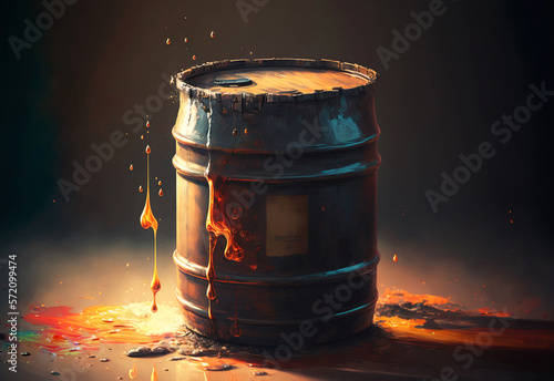 Oil barrel illustration. Barrel with polluting chemicals or fuels. Barrel of petroleum. Pollution concept. Conceptual dark image. Environmentally polluting products. Oil spill.  Generative ai. photo