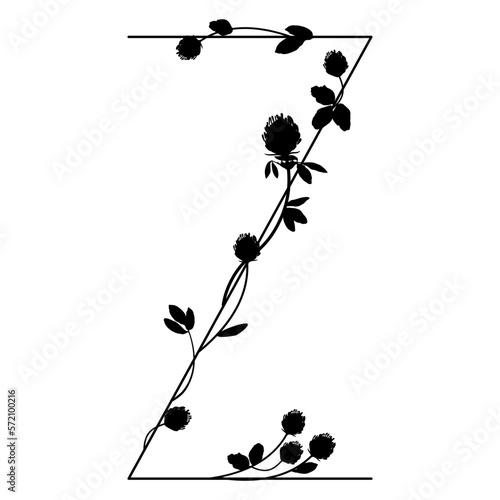 Capital letter Z with floral motifs. Decorative font with blooming branches of red clover flower. Black silhouette on white background. Isolated vector illustration.