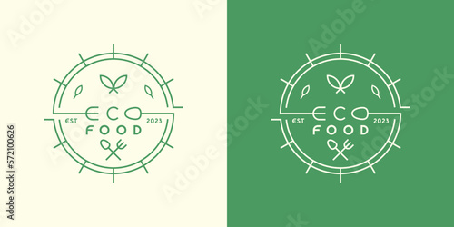 Eco-food logo design illustration flat symbol vector icon simple stamp label fork spoon dish fresh nature elegant minimalist line creative idea Organic Kitchen Cafe Leaf Lunch Diner Canteen 