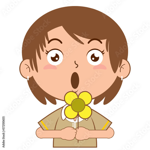 girl holding flower surprised face cartoon cute