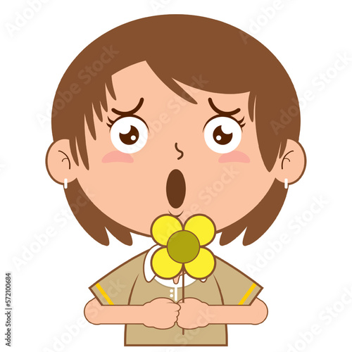 girl holding flower surprised face cartoon cute