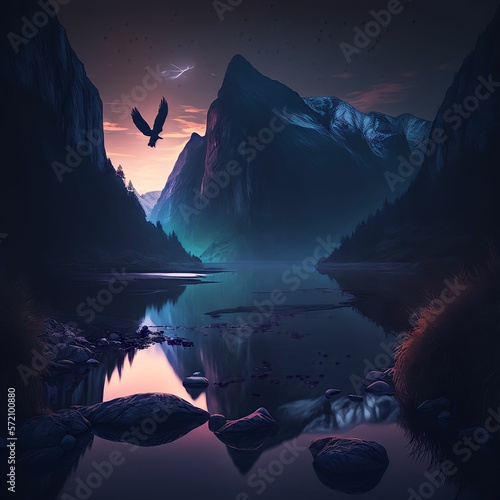 the sunset seen from a river behind mountains 
