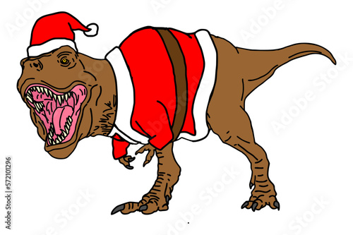 Angry Tyrannosaurus rex wearing a Santa Claus Christmas costume
