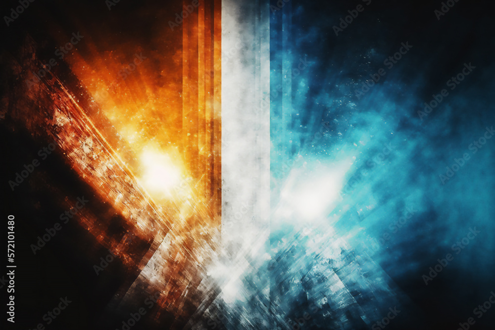 Abstract blue and orange color background with rays of light and grunge texture. Generated by AI.