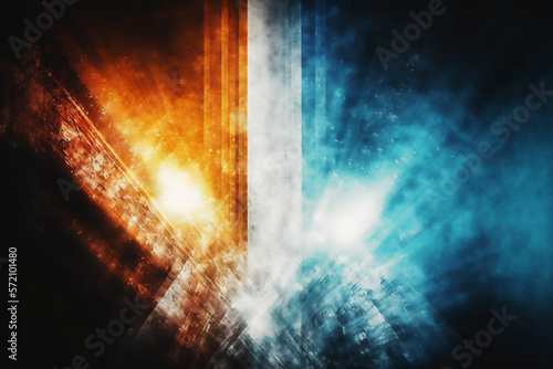 Abstract blue and orange color background with rays of light and grunge texture. Generated by AI.