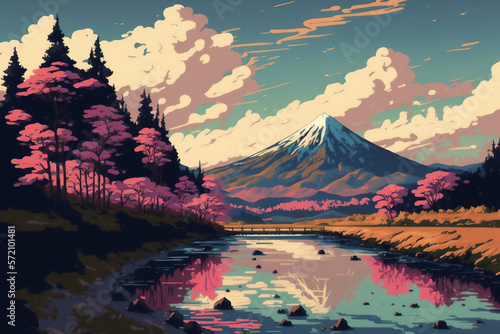 Fuji mount with sakura trees and river  landscape anime style. Beautiful landscape mount Fuji. Generated by AI