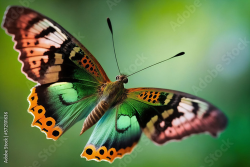 Open colorful exotic butterfly on blurred green background. Generated by AI. © D.Myts
