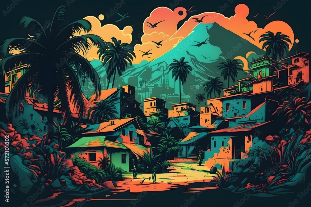 village with palm trees created using AI Generative Technology