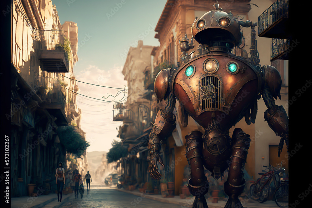 Naklejka premium Robots and humans in a steampunk style city, generative ai.