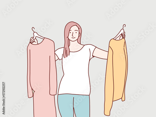 Woman confuse choosing her fashion outfit after the shopping simple korean style illustration