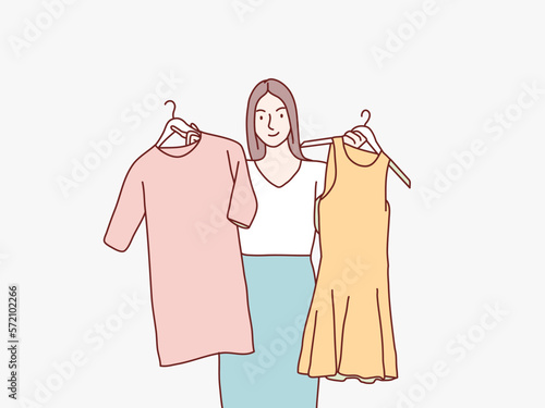 Woman decide choosing her fashion outfit after the shopping simple korean style illustration