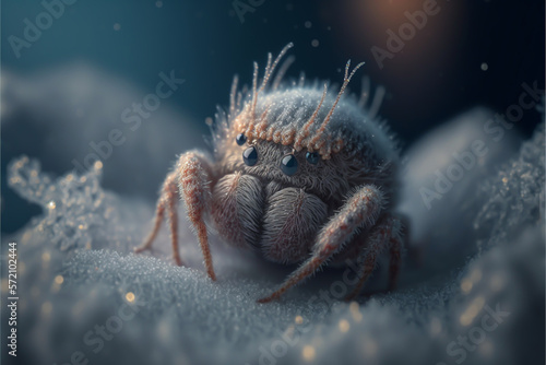 frozen spider, macro shot, on the frozen winter ground, generative ai. © VicenSanh