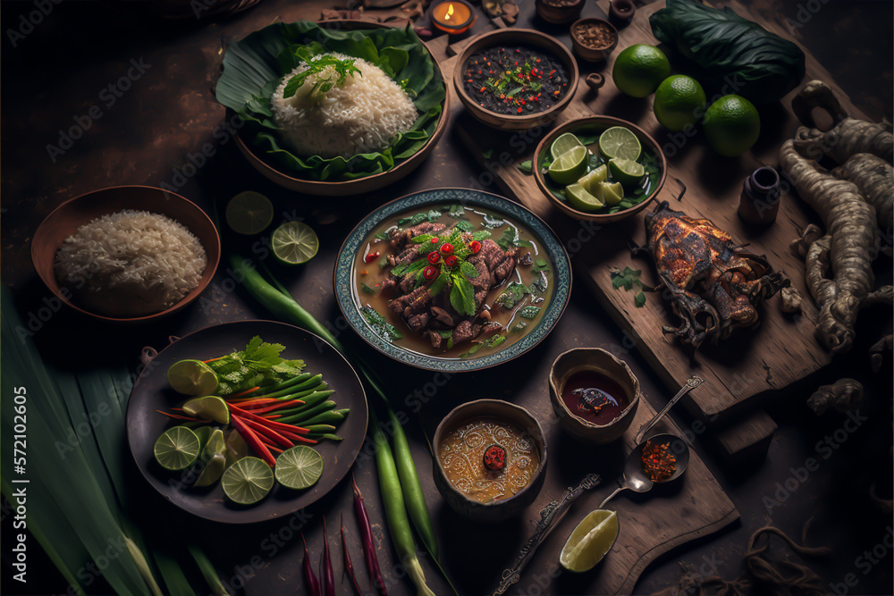 varieties of thai food on wooden table, CREATED WITH GENERATIVE AI TECHNOLOGY.. varieties of thai food on wooden table, CREATED WITH GENERATIVE AI TECHNOLOGY..