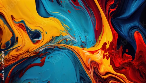 Background mixed liquid paint red, yellow, blue colors. Luxury marble texture. Marble wallpaper oil slick watercolor. liquid oil background. generative ai photo