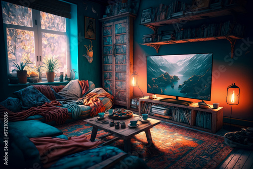 Cozy living room gaming setup with a big screen TV and comfortable sofa, generative ai