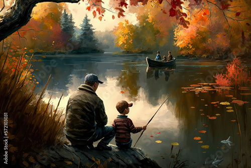 Father and son fishing in a small pond surrounded by colorful autumn foliage  generative ai