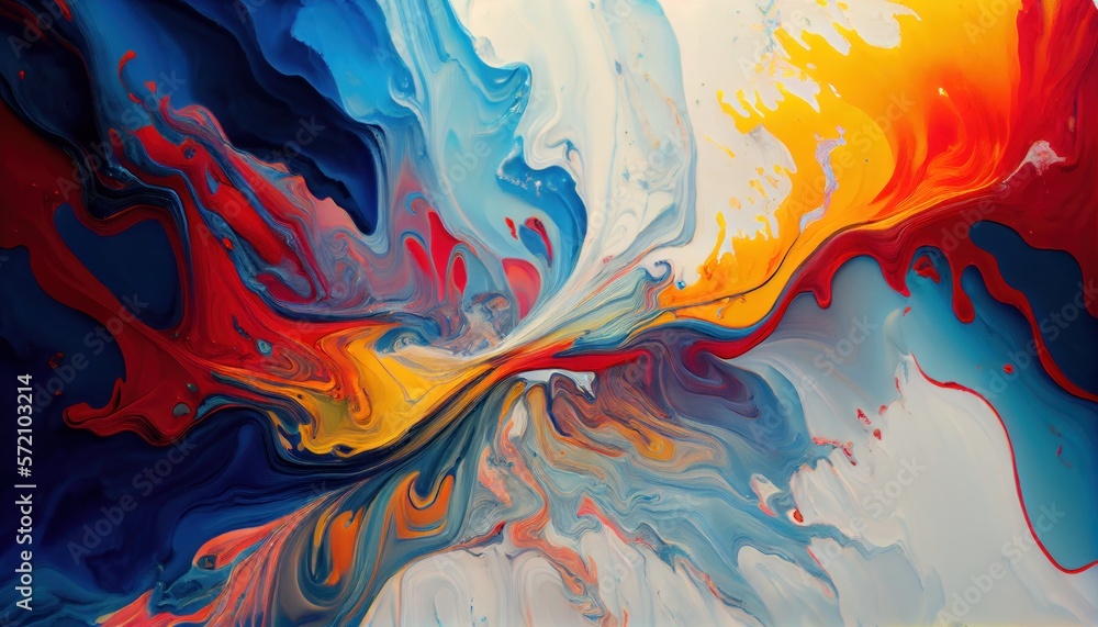 Background mixed liquid paint red, yellow, blue colors. Luxury marble