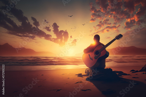 guitarist strumming an acoustic guitar on a beach at sunset, with warm lighting, generative ai