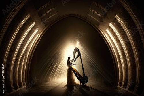 Canvastavla harpist playing a harp in a concert hall, with a heavenly atmosphere and soft li