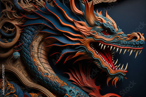 intricate wood carving of a Chinese dragon, with vibrant colors and a fierce expression, showcasing the hobbyist's talent and attention to detail, generative ai