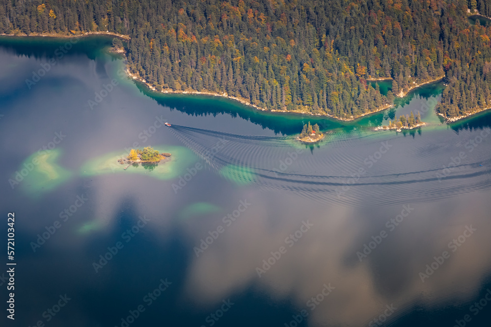 Eibsee lake from above Zugspitze at dramatic autumn landscape, Garmisch, Germany
