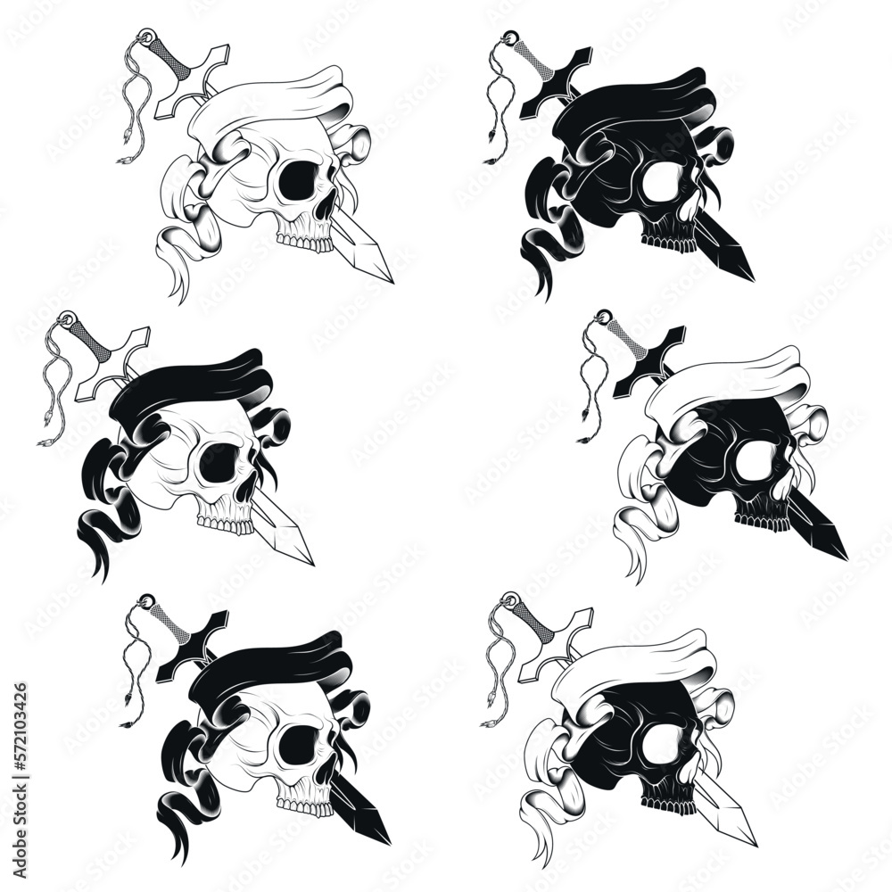 Vector design of skull with sword and ribbon