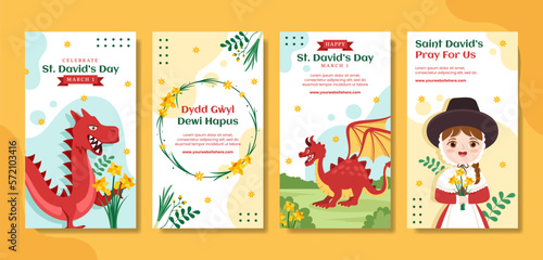 Happy St David's Day Social Media Stories Flat Cartoon Hand Drawn Templates Background Illustration