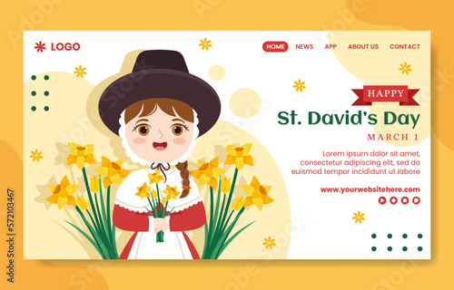 Happy St David's Day Social Media Landing Page Flat Cartoon Hand Drawn Templates Illustration