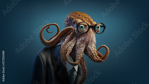 Octopus with glasses on solid blue background. Generative AI