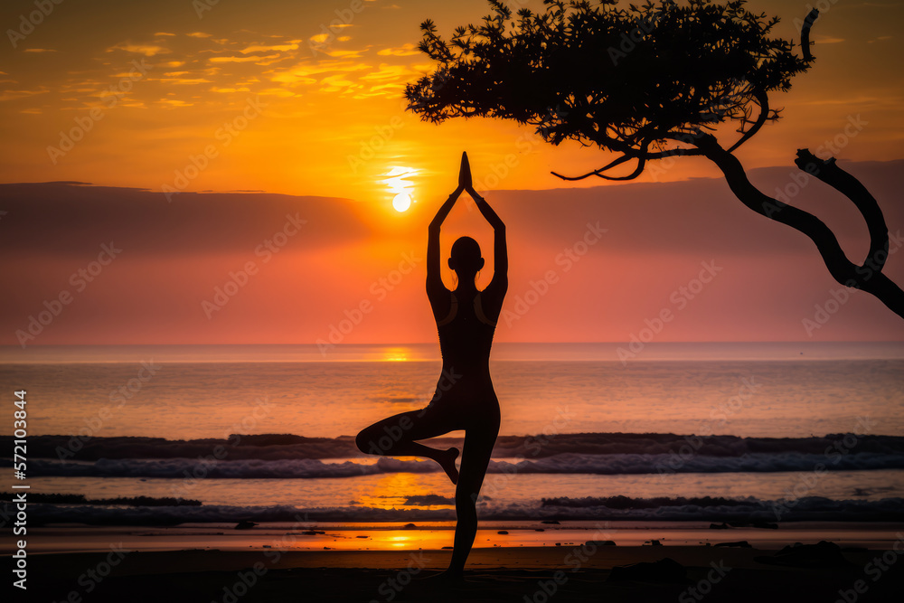 Yoga practitioner doing a tree pose by the beach at sunset, generative ai