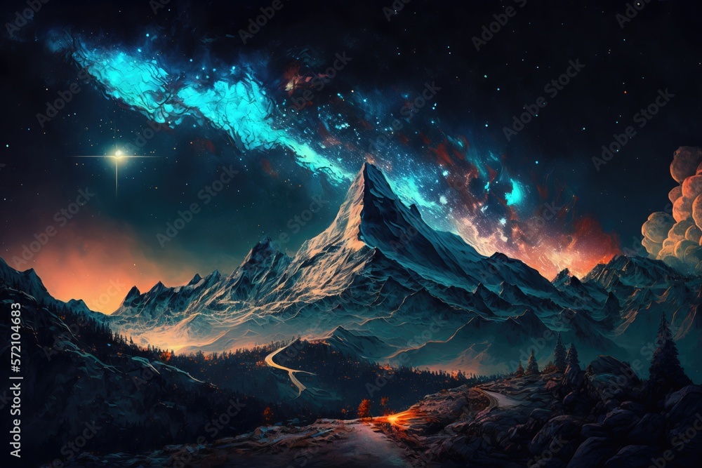 panorama mountain landscape at night aurora. Beauty of nature concept background