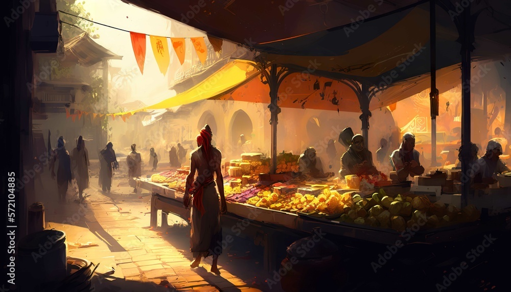 A bustling street market in a foreign country