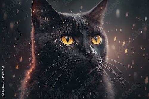 Beautiful portrait of a black cat. Feline domestic kitty with short fur and gorgeous eyes and whiskers.