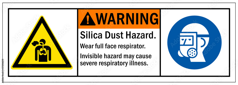 Silica dust hazard chemical warning sign and labels Wear full face respirator. Invisible hazard may cause severe respiratory illness - obrazy, fototapety, plakaty 