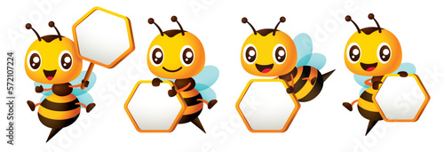 Set of cartoon happy bee character holding empty honeycomb shaped signboard. Protect the environment concept vector illustration