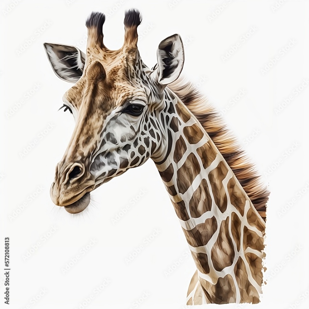 Obraz premium Giraffe isolated on a white background so cute, Portrait a giraffe wild, Generative AI