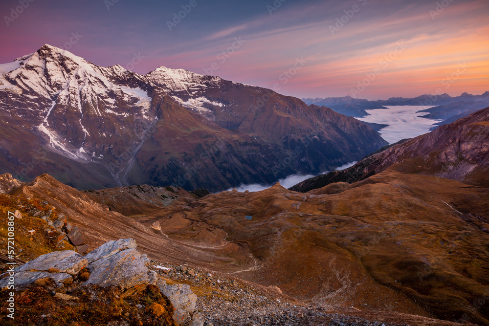 Hohe Tauern mountains from above dramatic Grossglockner road at dawn, Austria