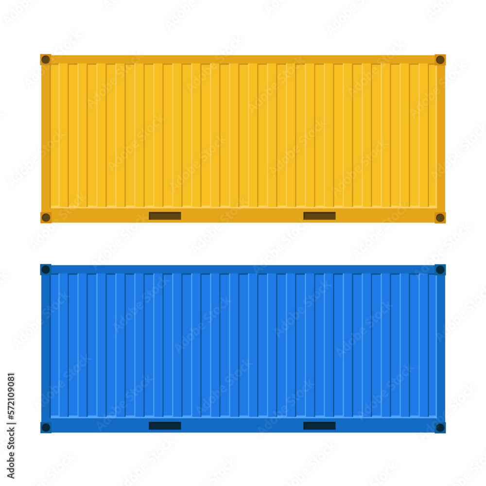 Yellow and blue containers for cargo transportation on a white