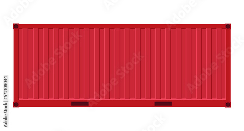 Red container for cargo transportation on a white background. Shipping container. Freight shipping container hanging on crane hook. Metal container. 