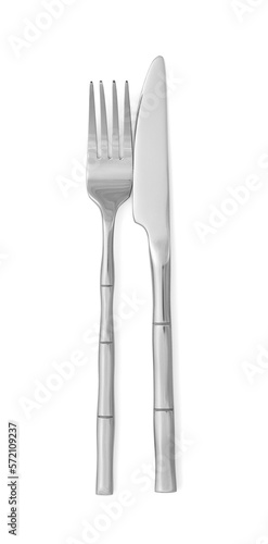 Knife and fork isolated on white  top view. Stylish shiny cutlery set