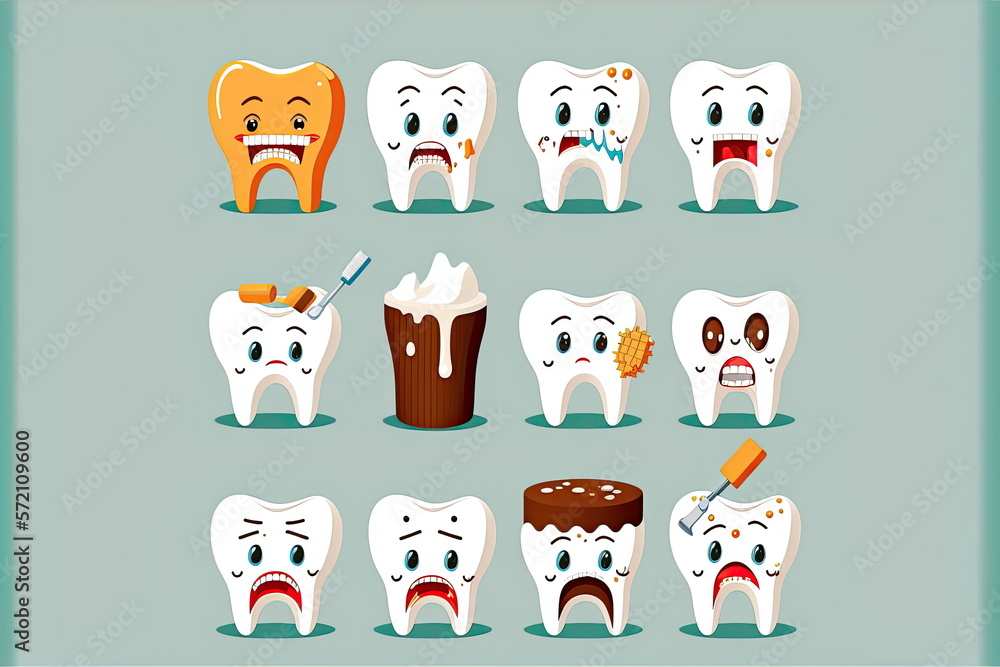 set of dental problems, tooth decay, white background , vector illustration, Made by AI,Artificial intelligence