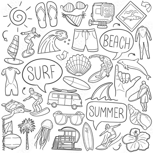 Surf Doodle Icons. Hand Made Line Art. Beach Sports Clipart Logotype Symbol Design.