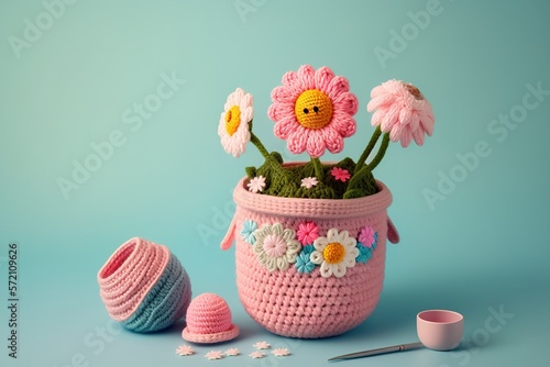 Flower pot made by crochet knitted technique. Crafts and hand made leisure activities. Generative AI illustration photo