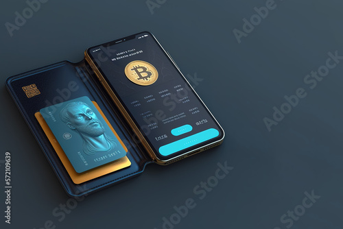Cryptocurrency wallet on mobile app. Dark background with copy space. 3D style. Generative AI illustration